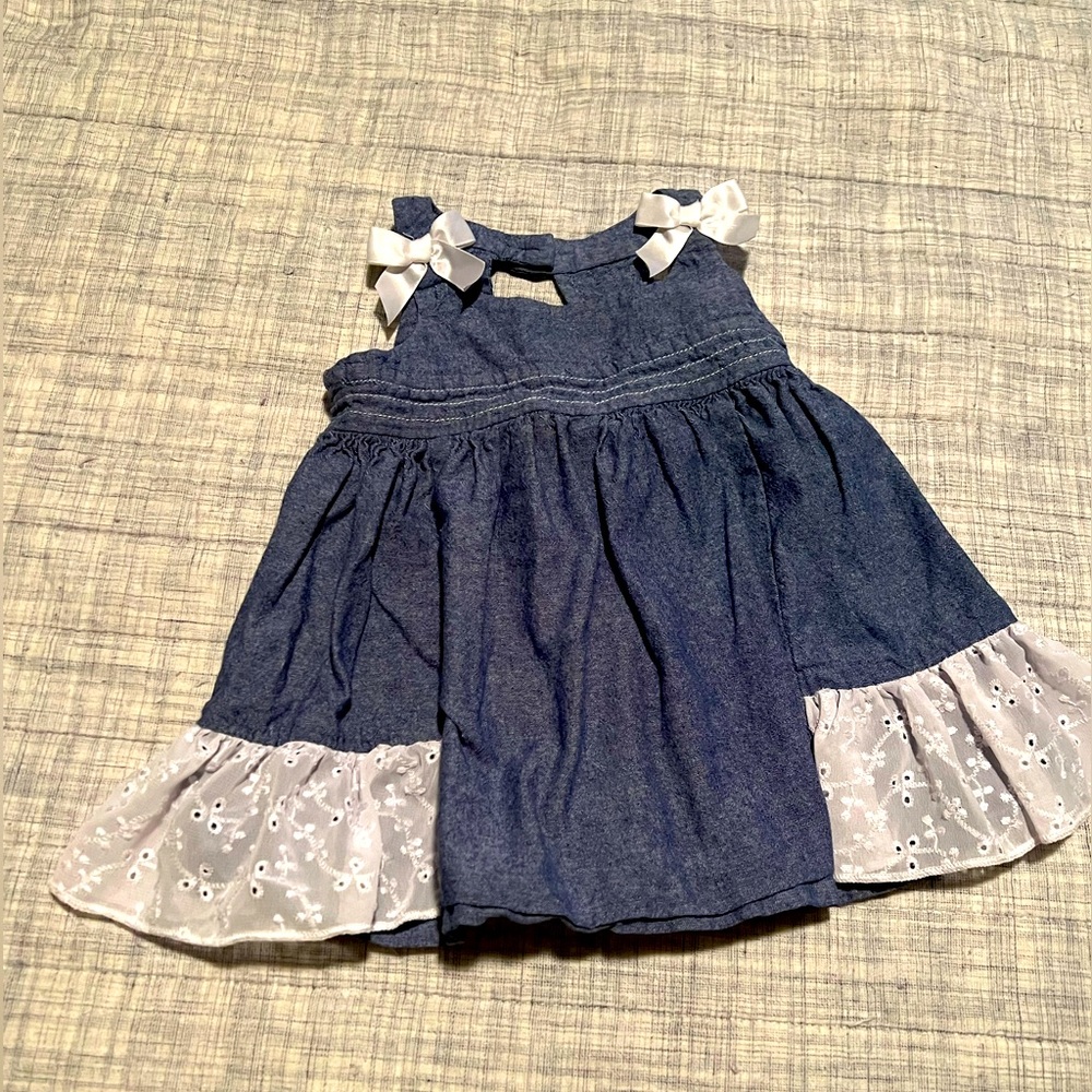 Bonnie Baby dress 6-9m denim blue with white bows open back spring summer girly